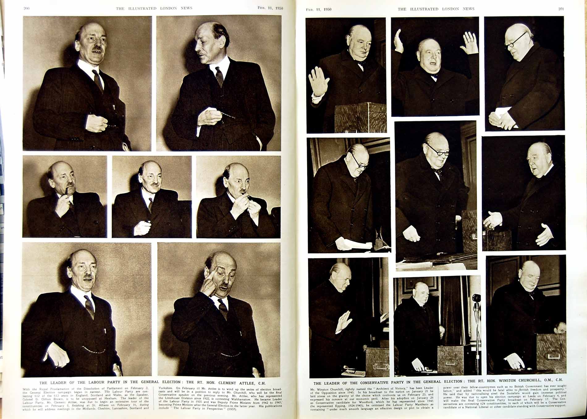 Antique Old Print 1950 Labour Party Clement Attlee Churchill Conservative 20th