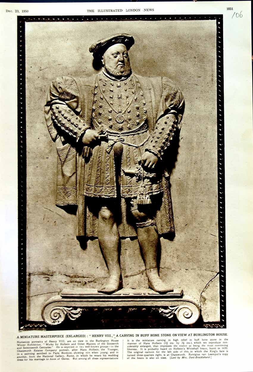 Old Vintage Print 1950 King Henry Vii Carving Buff Hone Stone Burlington 20th