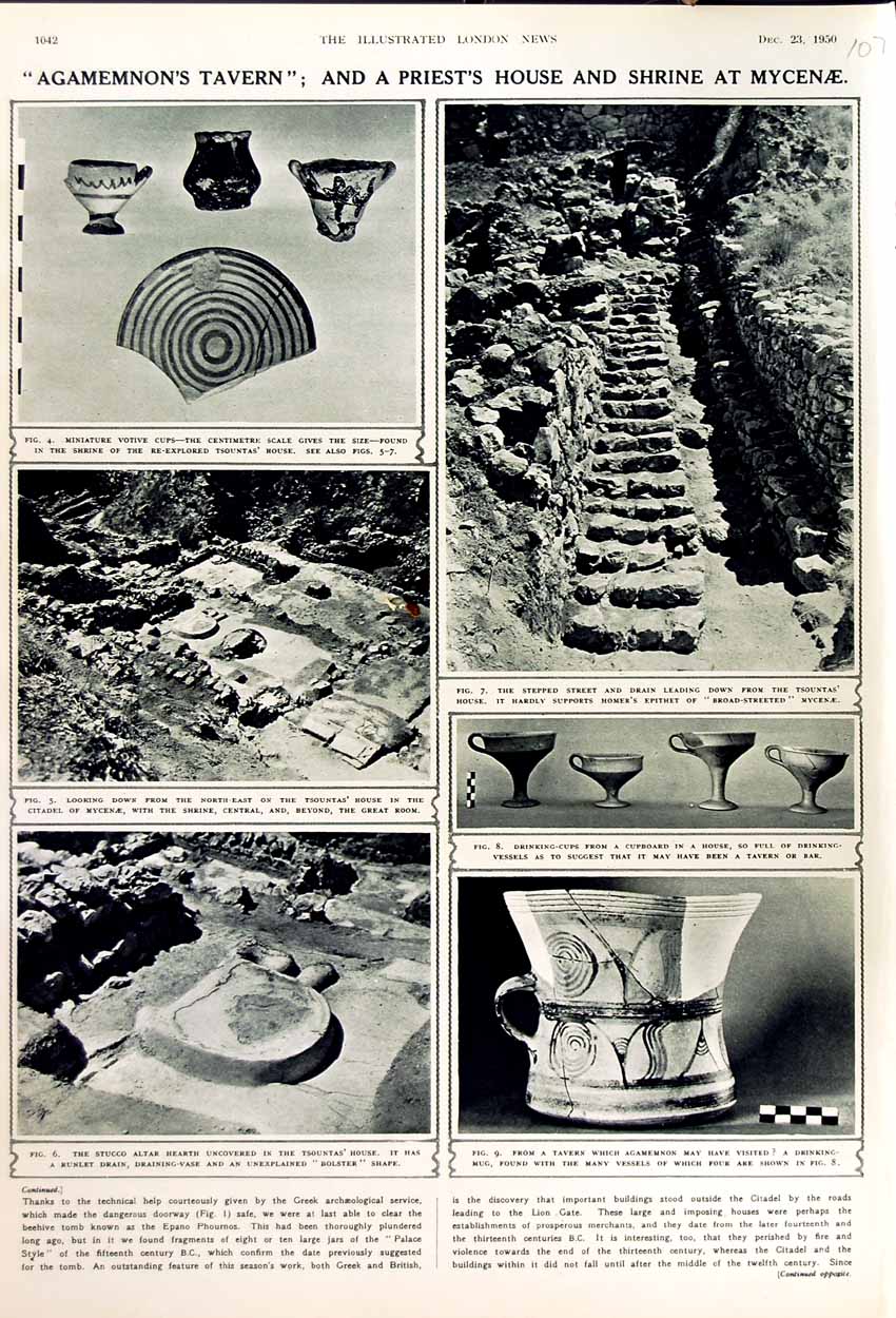Old Vintage Print 1950 Agamemnon Tavern Stucco Altar Votive Cups Mycenae 20th