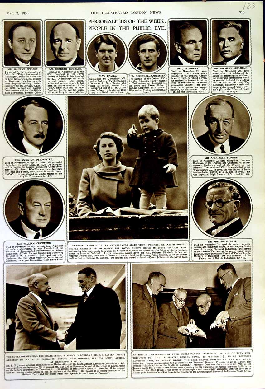Old Vintage Print 1950 Personality Davies Jansen Torrance Prince Charles 20th