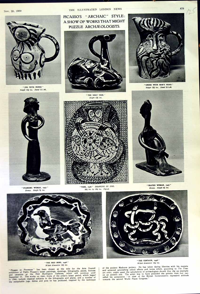 Old Vintage Print 1950 Picasso Archaic Archaeology Jug Vase Centaur Bird 20th