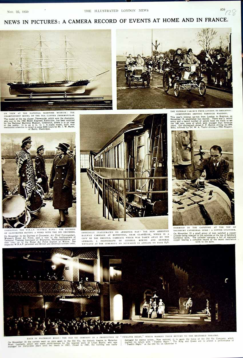 Old Vintage Print 1950 Ship Thermopylae Theatre Waterloo Cathedral France 20th