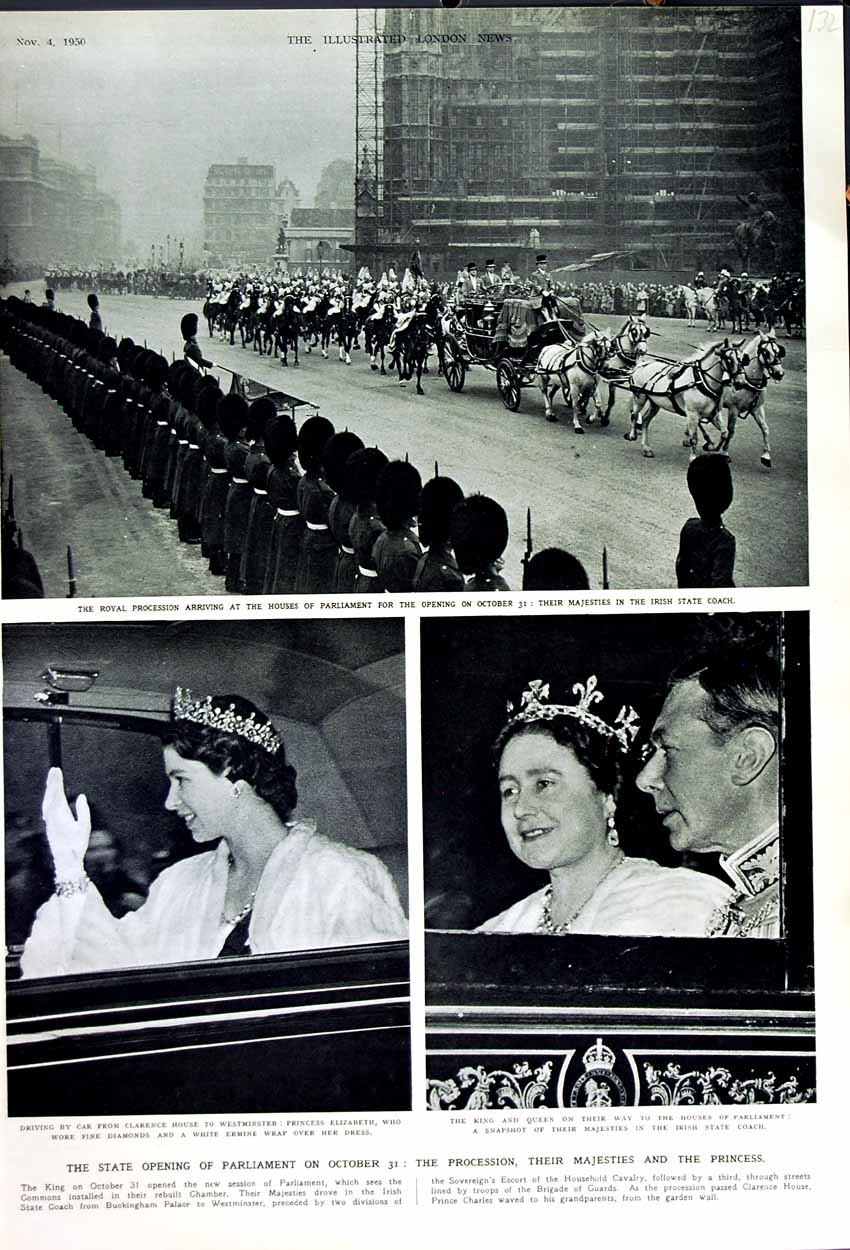 Old Vintage Print 1950 Houses Parliament Princess Elizabeth Clarence King 20th