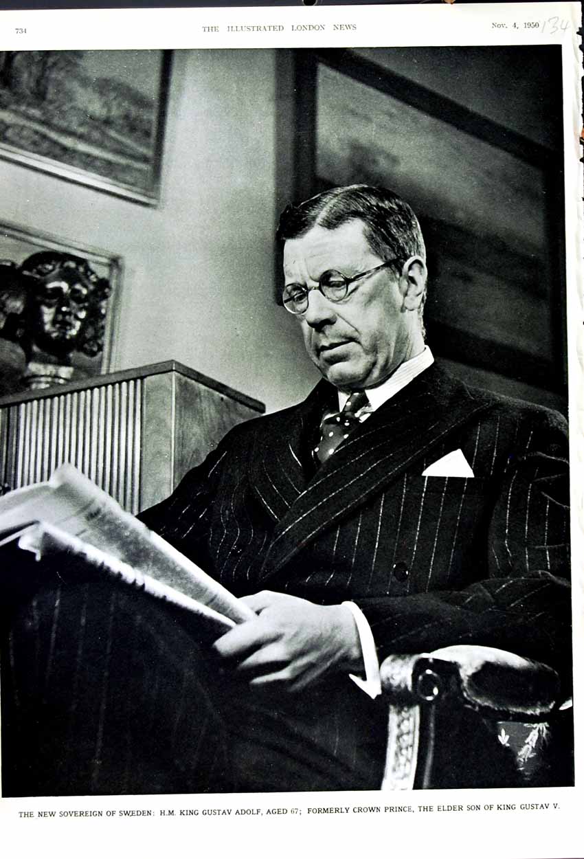 Original Old Vintage Print 1950 Sovereign Sweden H.M King Gustav Adolf Prince