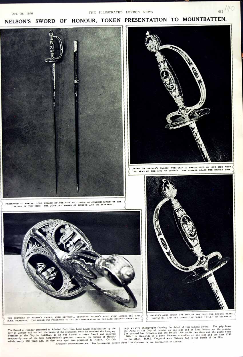 Original Old Vintage Print 1950 Nelson Jewelled Sword Honour Mountbatten Nile