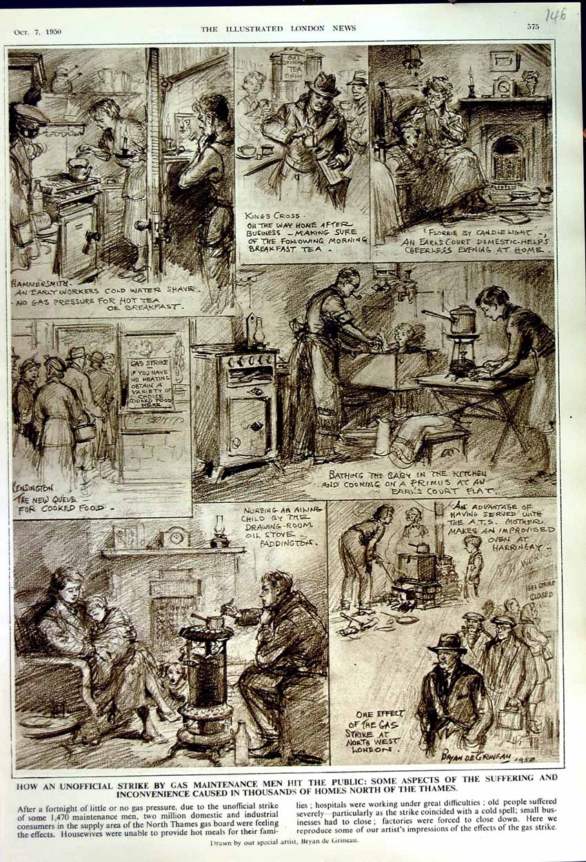 Original Old Vintage Print 1950 Unofficial Gas Maintenance Strike London Homes