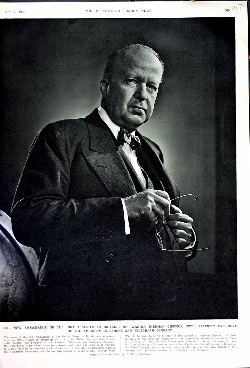 Old Vintage Print 1950 Walter Sherman Gifford Ambassador America Britain 20th