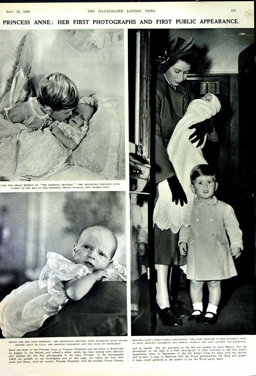 Old Vintage Print 1950 Princess Anne Prince Charles Elizabeth Royal Baby 20th