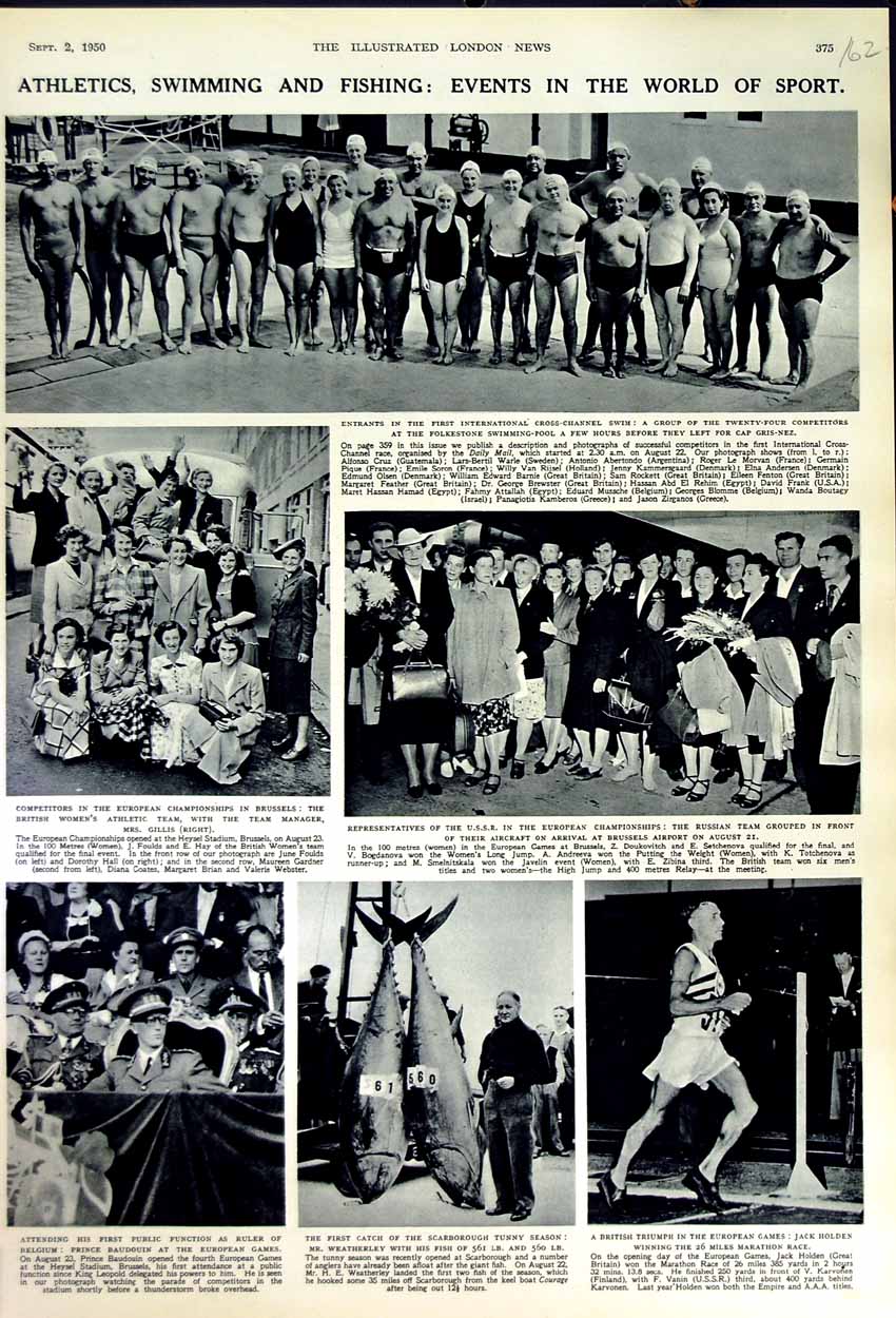 Original Old Vintage Print 1950 Athletics Swimming Fishing Sport Hen Gillis