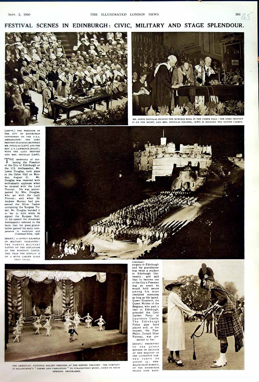 Old Vintage Print 1950 Edinburgh Festival Douglas Theatre Military Tattoo 20th