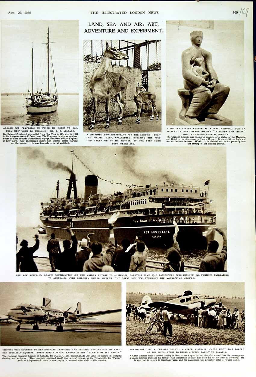 Old Vintage Print 1950 Ship Australia Aircraft Czech Statue Madonna Child 20th