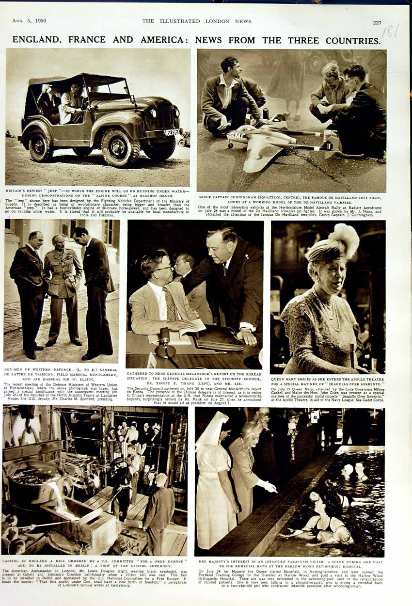 Original Old Vintage Print 1950 British Jeep Car Bagshot Cunningham Queen Mary
