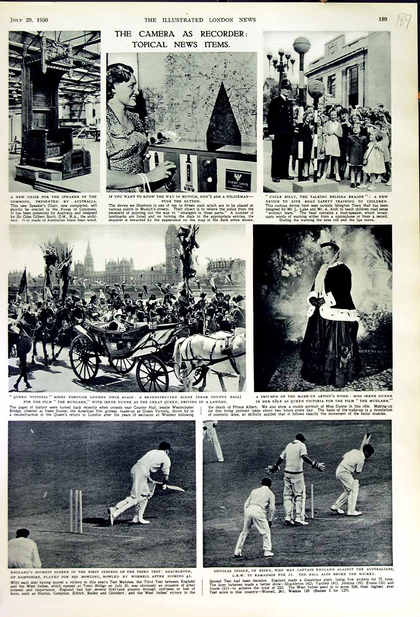 Original Old Vintage Print 1950 England Cricket Insole Worrell Queen Victoria