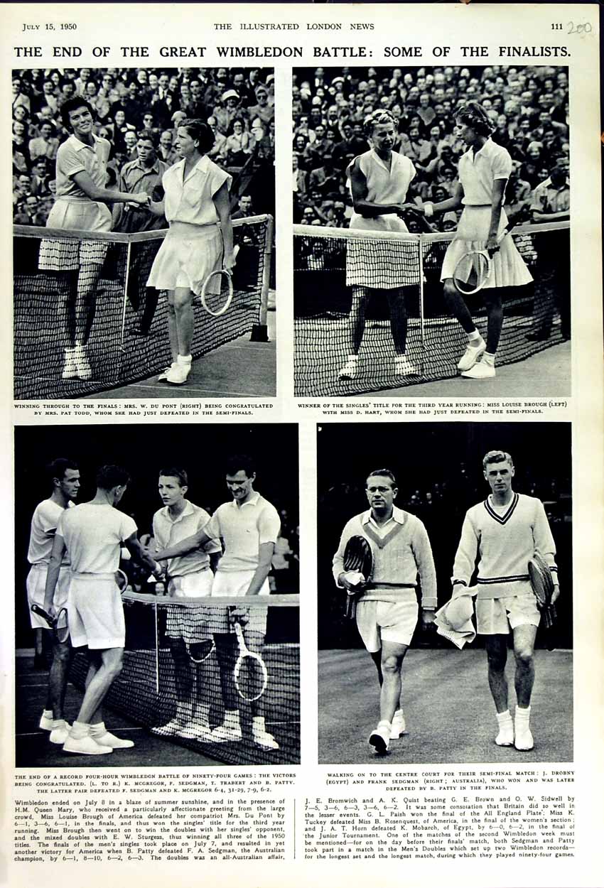 Old Vintage Print 1950 Wimbledon Sport Todd Du Pont Brough Sedgman Drobny 20th