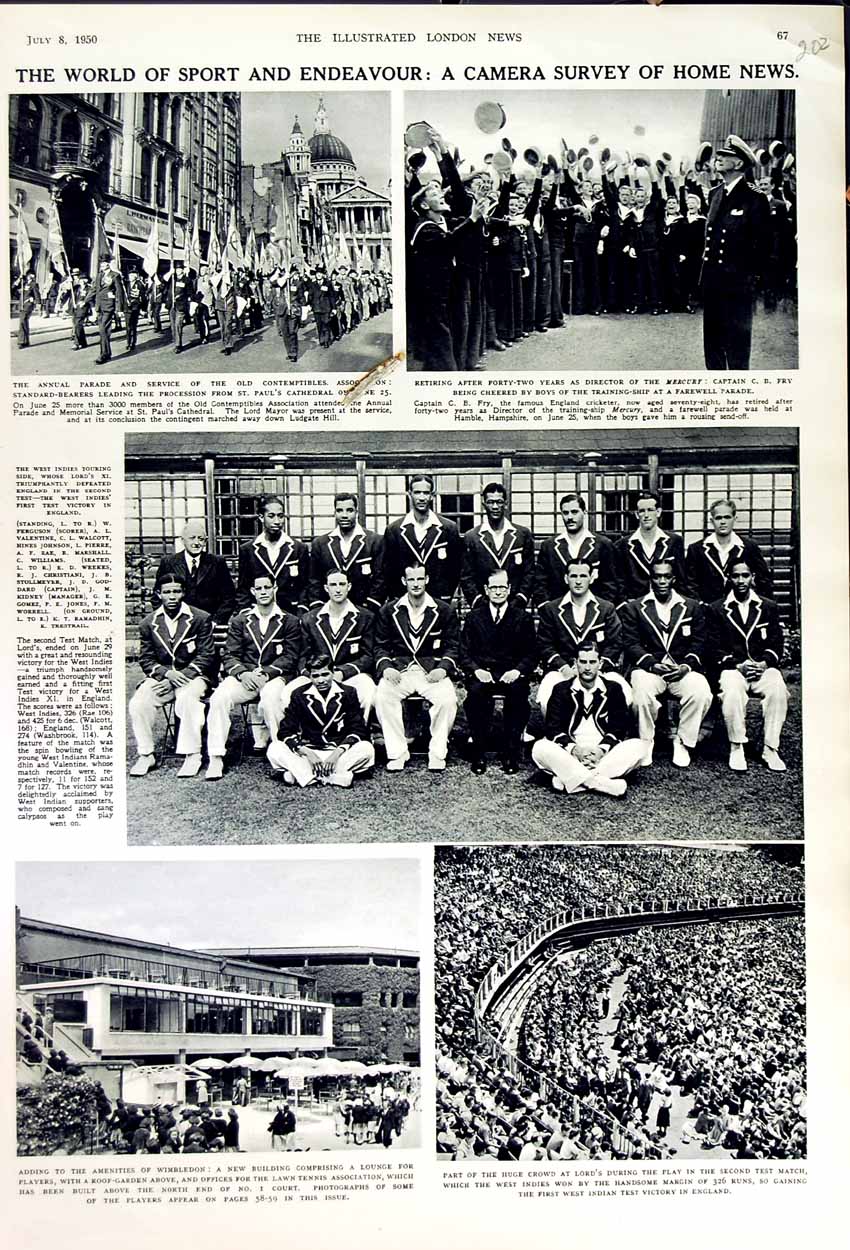 Old Vintage Print 1950 Sport Cricket Team England Fry Mercury Wimbledon 20th