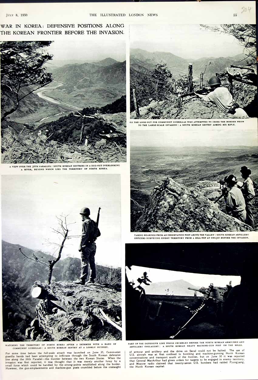 Original Old Vintage Print 1950 War Korea Artillery Officers Ongjin Machine Gun