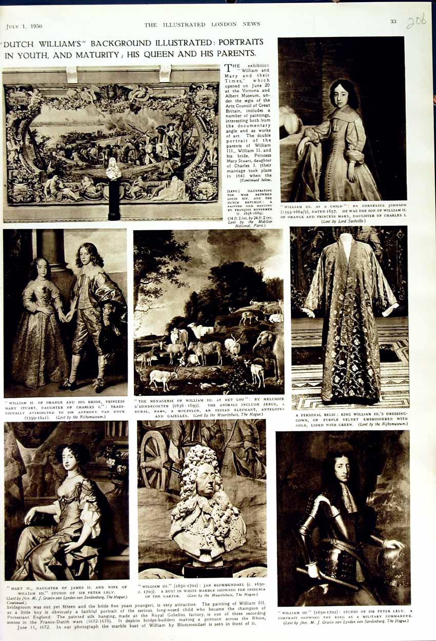 Old Vintage Print 1950 Dutch William King Queen Mary Bust Art Peter Lely 20th