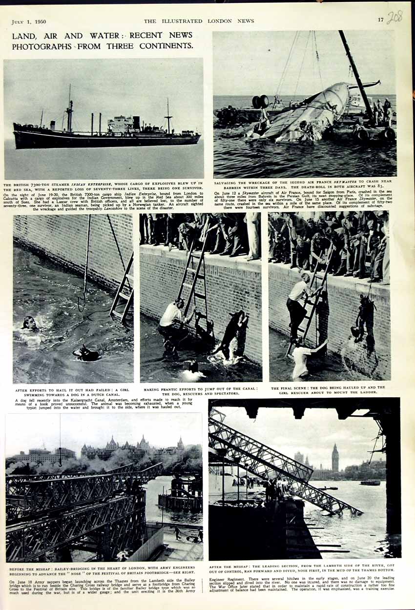 Old Vintage Print 1950 British Ship Indian Enterprise Footbridge London 20th