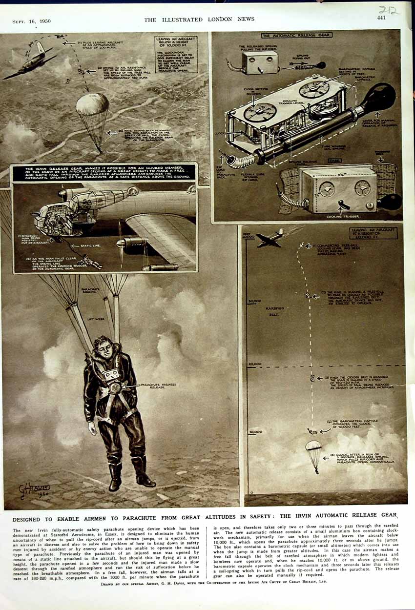 Original Old Vintage Print 1950 Airmen Parachute Irvin Automatic Release Gear