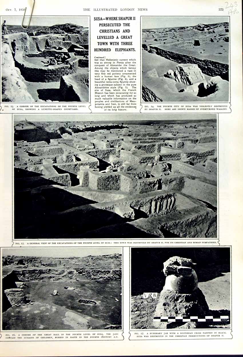 Original Old Vintage Print 1950 Susa Archaeology Excavations Plan Tomb Daniel