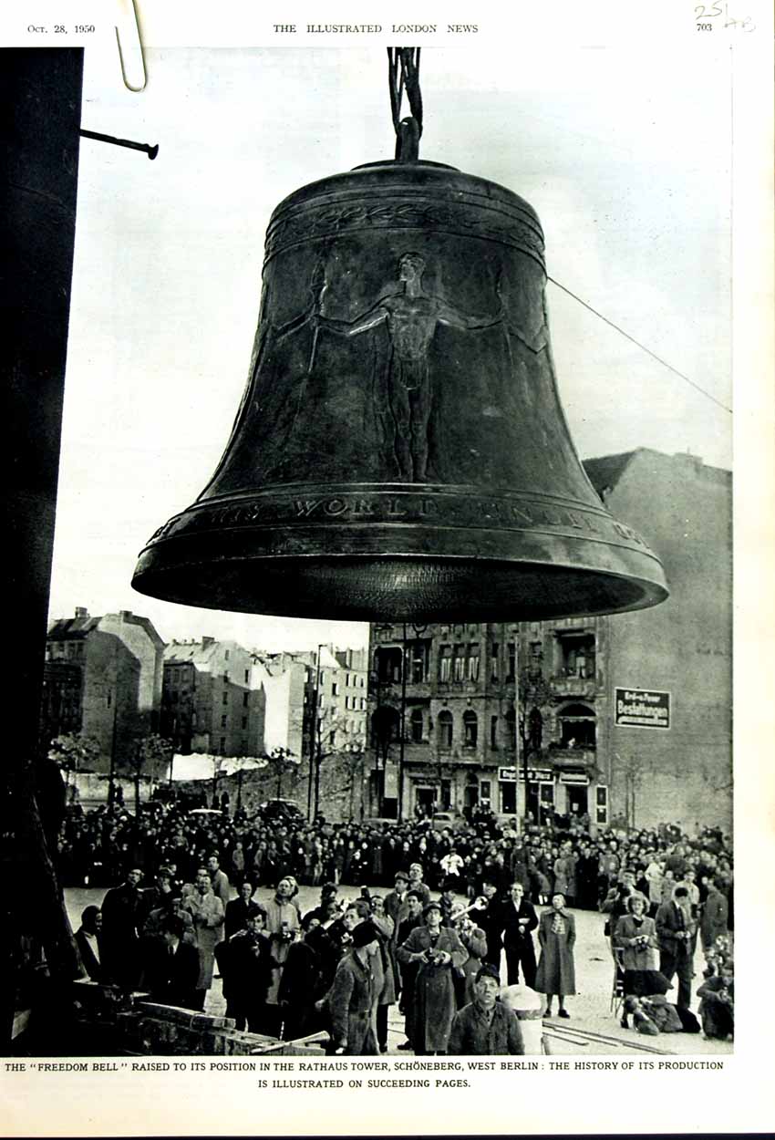 Antique Old Print 1950 Freedom Bell Rathaus Tower Schoneberg Whitby Earls 20th
