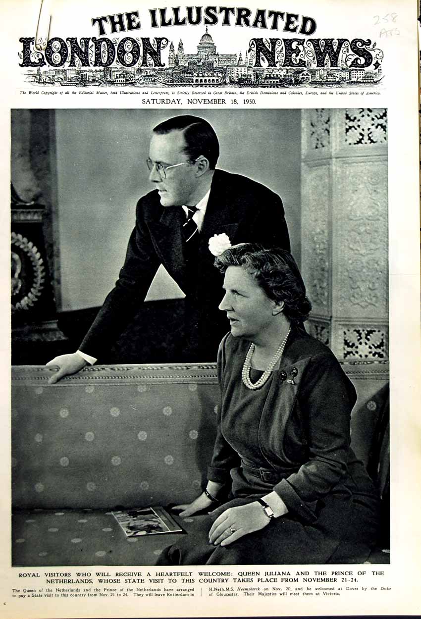 Antique Old Print 1950 Queen Juliana Prince Netherlands Princess Margriet 20th