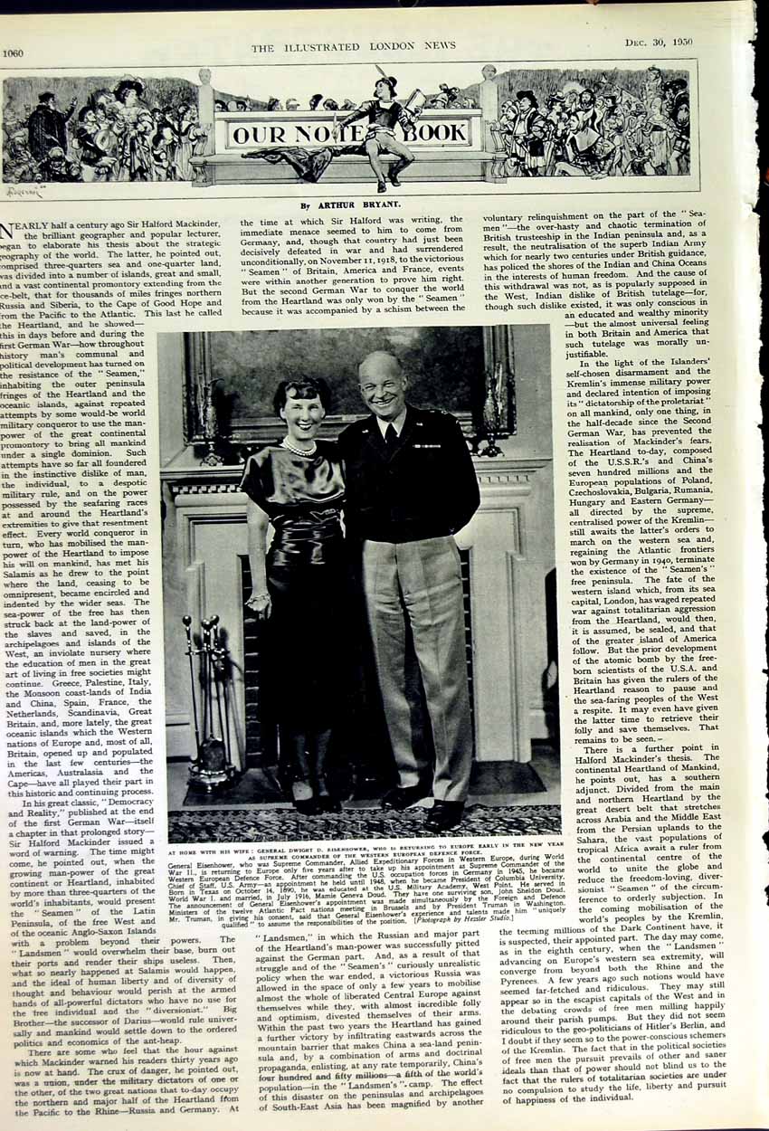 Original Old Vintage Print 1950 Portrait Dwight Eisenhower Wife American Sier