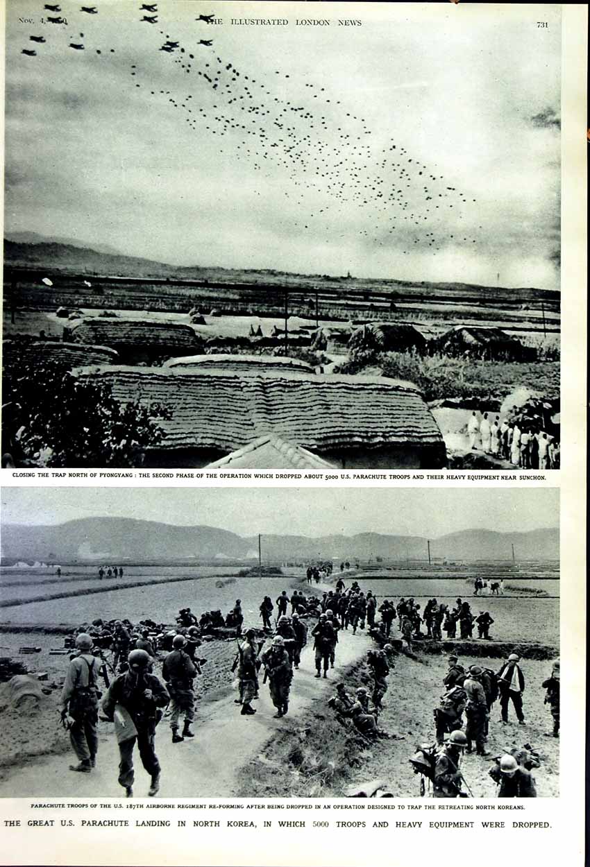 Original Old Vintage Print 1950 Korean Siers British Sariwan Parachute War