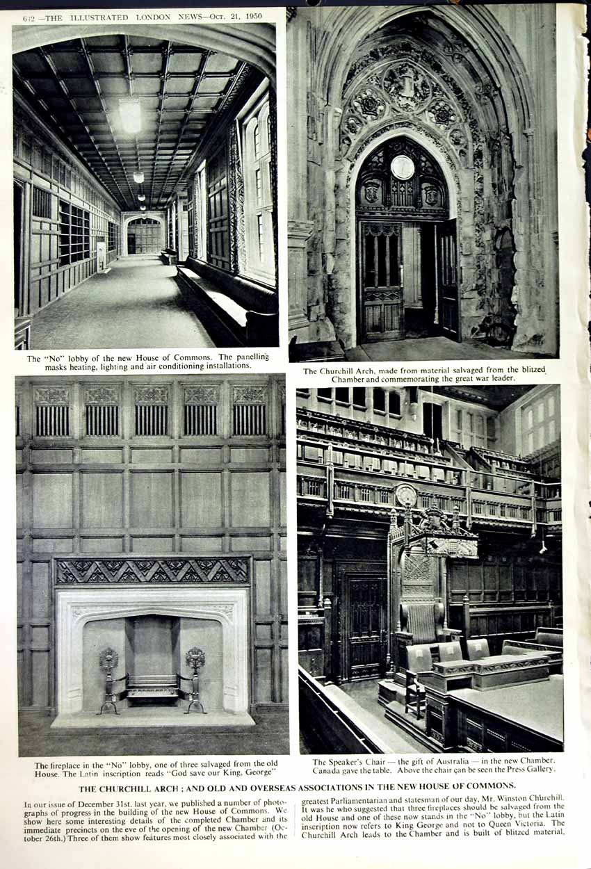 Antique Old Print 1950 House Commons Chamber Churchill Arch Press Gallery 20th