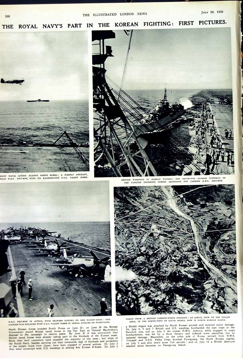 Original Old Vintage Print 1950 Festival Bridge London Korea War Ship Aircraft