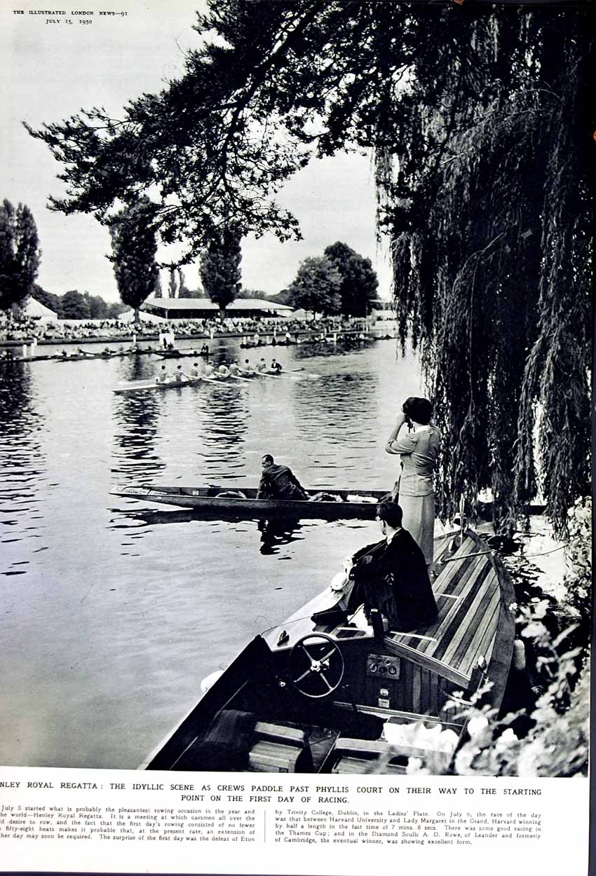 Old Vintage Print 1950 Gardens Hampton Court Canal Henley Regatta Court 20th