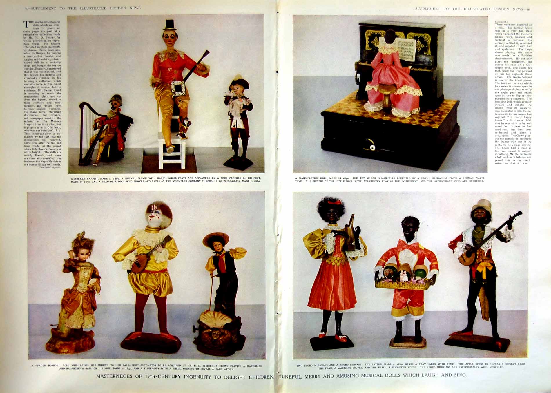 Antique Old Print 1950 Musical Dolls Clown Harp Piano Negro Time Zone Map 20th