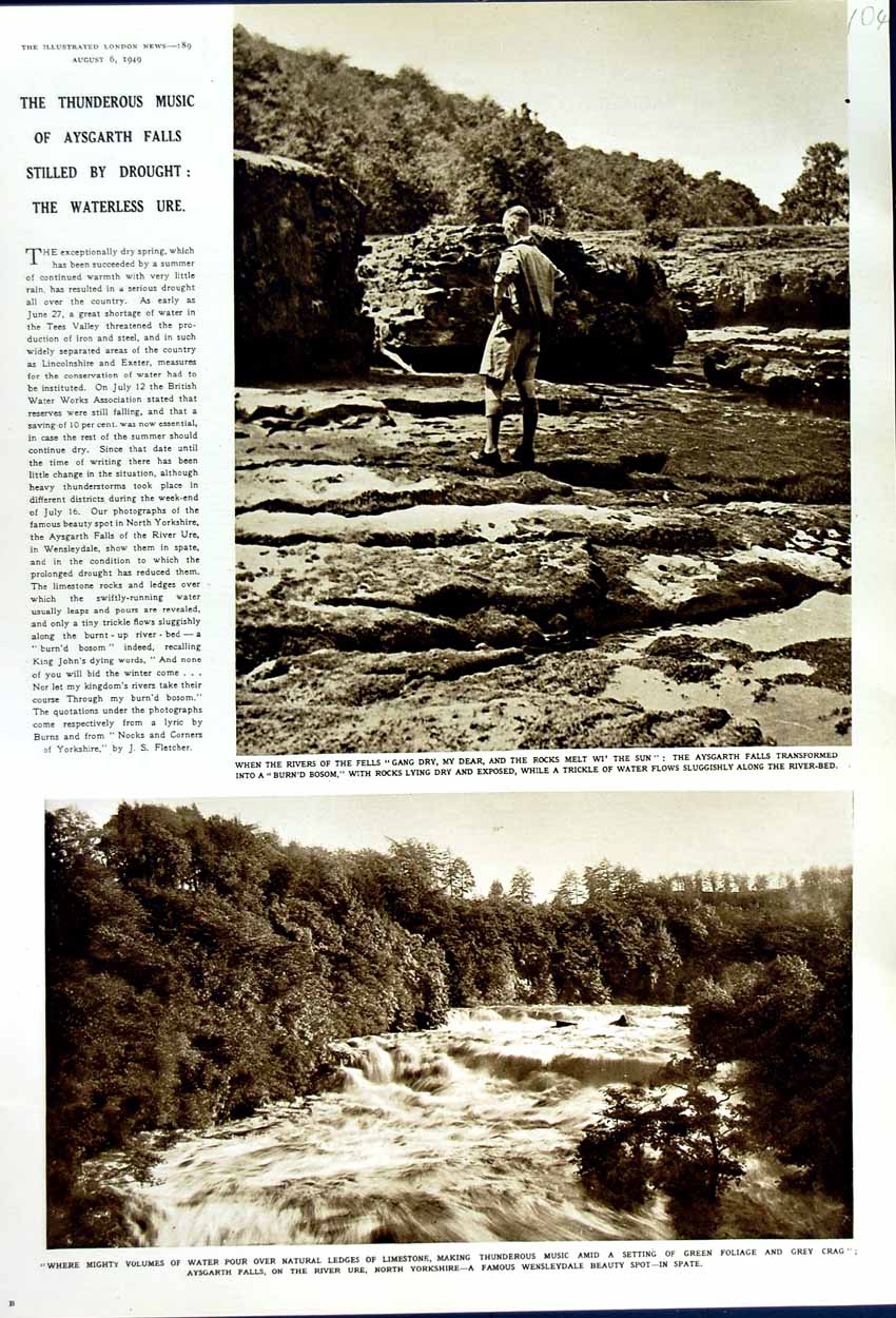 Original Old Vintage Print 1949 Aysgarth Falls River Ure Yorkshire England 20th