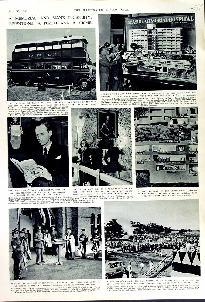 Old Vintage Print 1949 Bus Kent Fire-Brigade Miles Dempsey Calcutta Bomb 20th