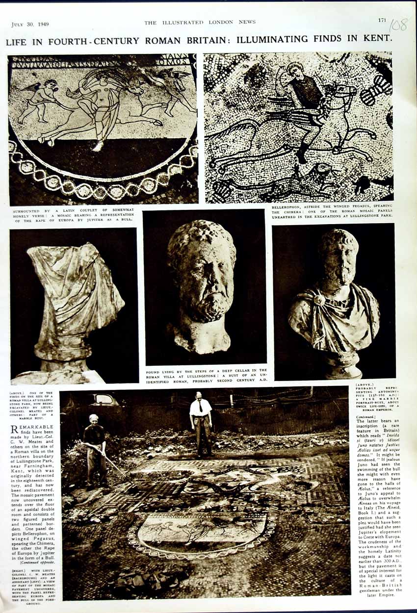 Old Vintage Print 1949 Roman Britain Kent Archaeology Bust Villa Meates 20th