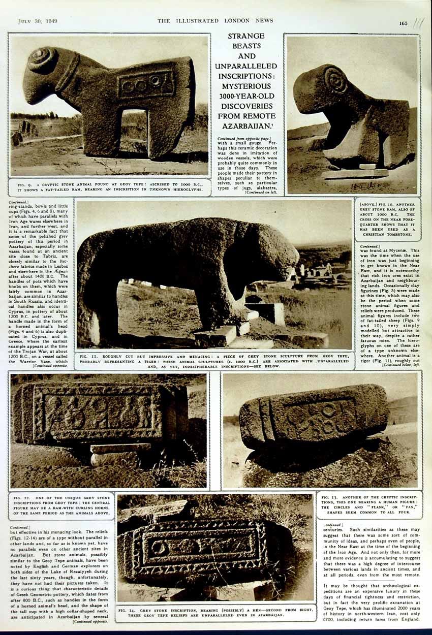 Old Vintage Print 1949 Archaeology Discoveries Azarbaijan Stone Geoy Tepe 20th
