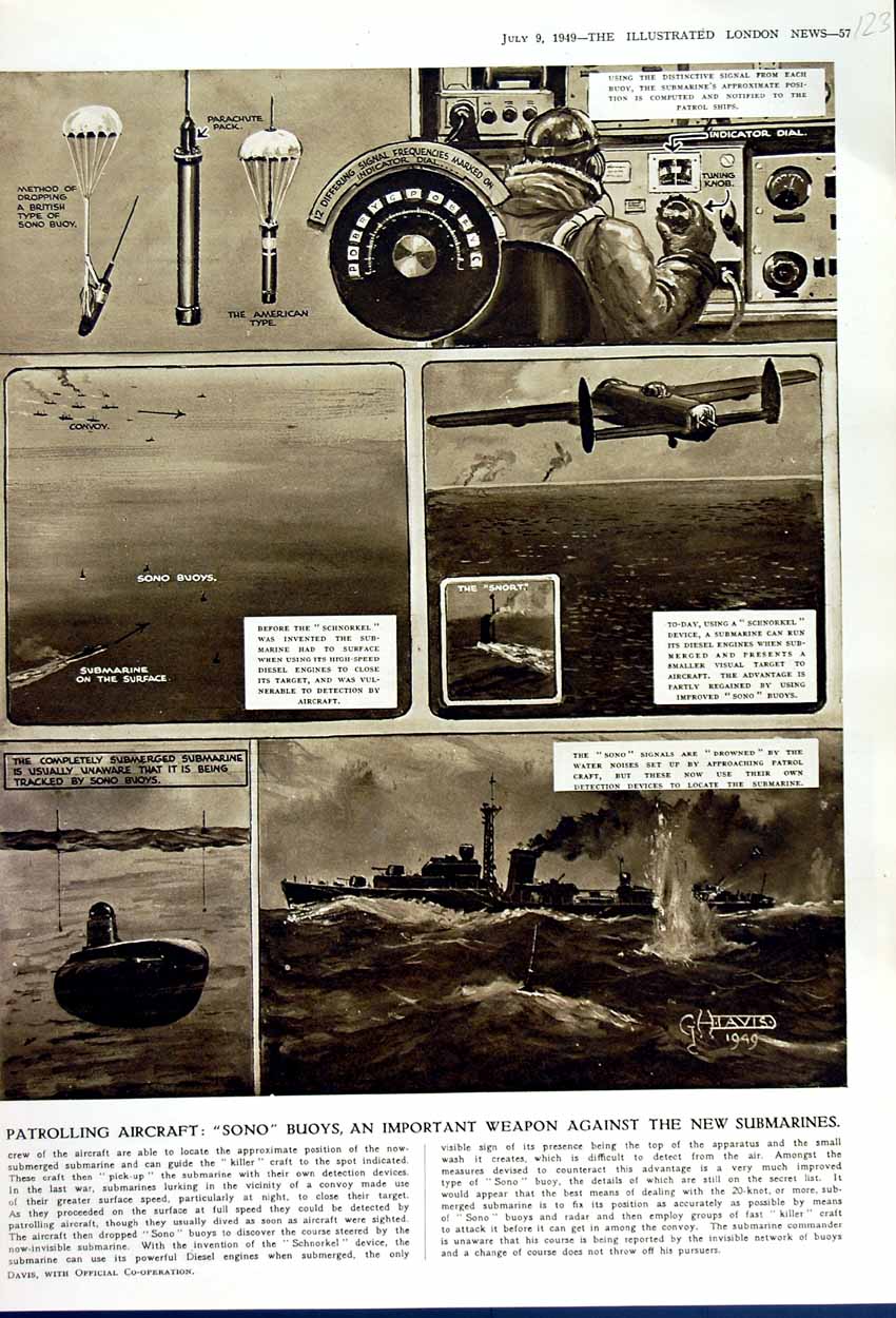 Original Old Vintage Print 1949 Aircraft Sono Buoys Submarine Ships Weapon 20th