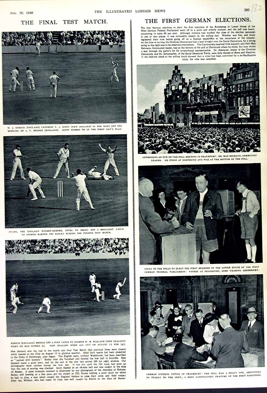 Old Vintage Print 1949 Cricket Test Match England Zealand German Voting 20th