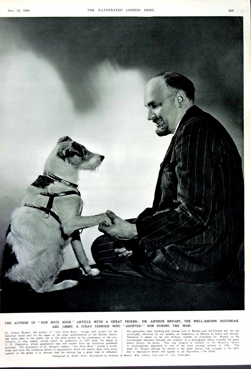 Original Old Vintage Print 1949 Dr Arthur Bryant Historian Jimmy Terrier Dog