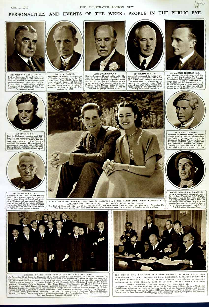 Old Vintage Print 1949 German Cabinet Earl Harewood Marion Stein Garner 20th