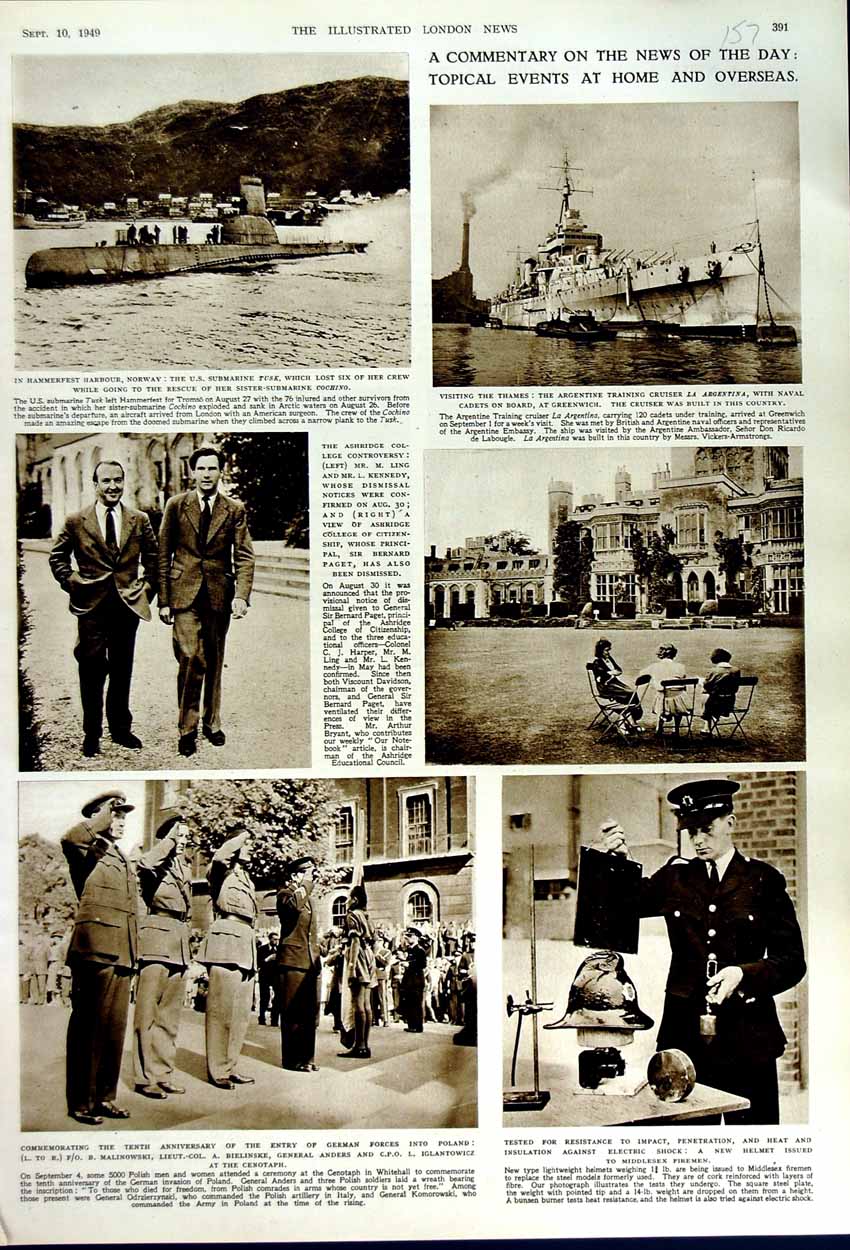 Old Vintage Print 1949 War Ship Argentine Submarine Tusk Kennedy Anders 20th