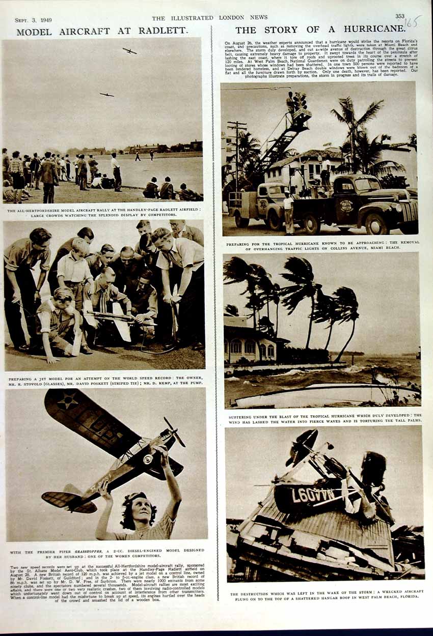 Original Old Vintage Print 1949 Model Aircraft Radlett Hurricane Flordia Miami