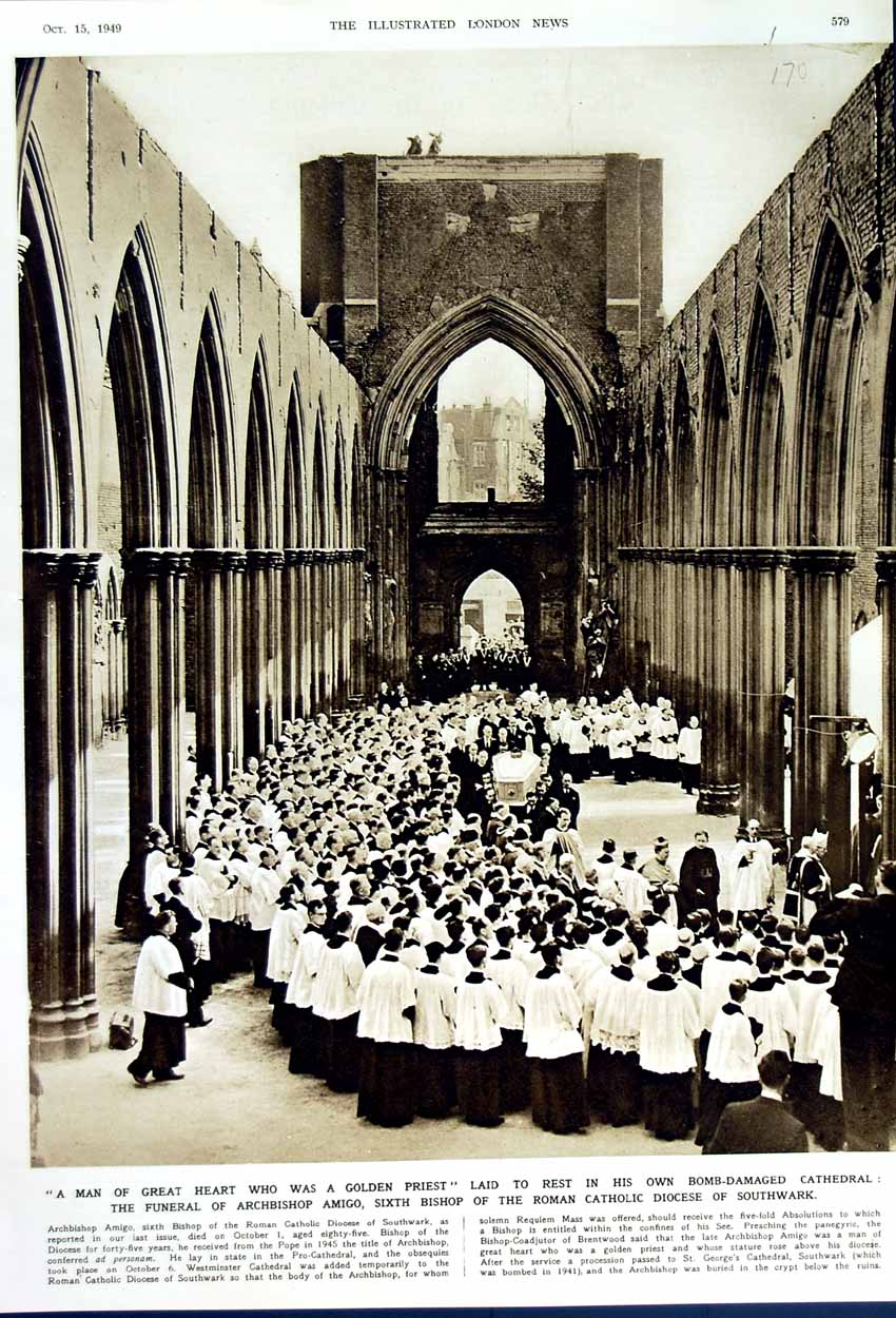 Old Vintage Print 1949 Funeral Archbishop Amigo Bishop Catholic Diocese 20th