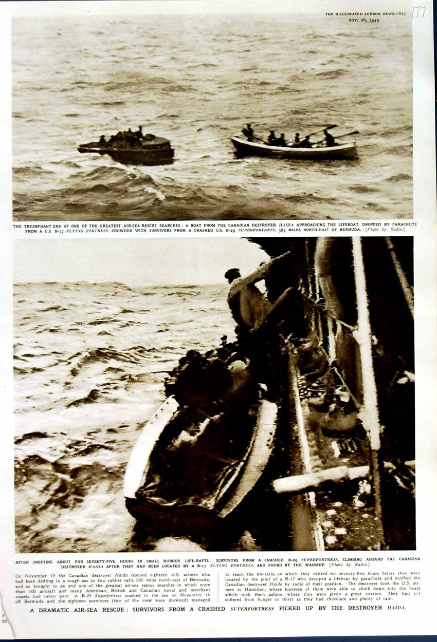 Old Vintage Print 1949 Survivors Ship Wreck Superfortress Haida Lifeboat 20th