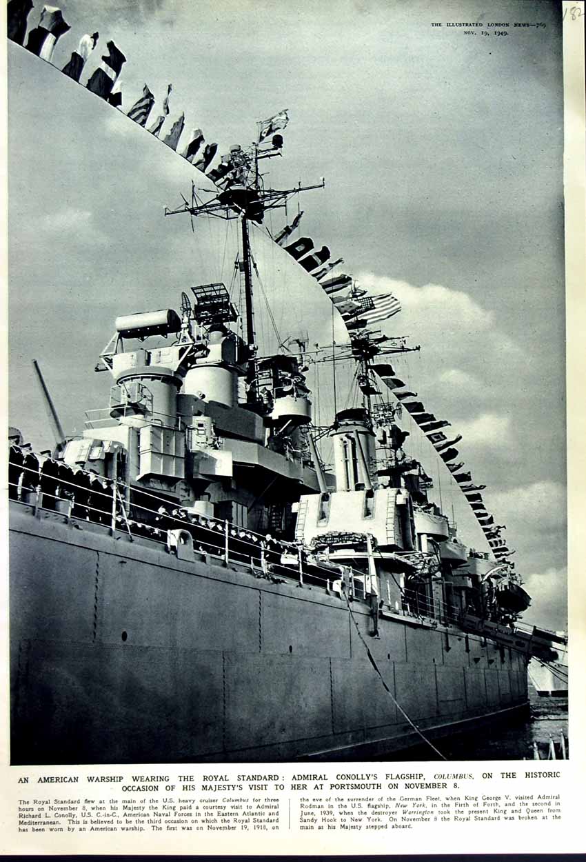 Original Old Vintage Print 1949 American Warship Admiral Colony Ship Columbus