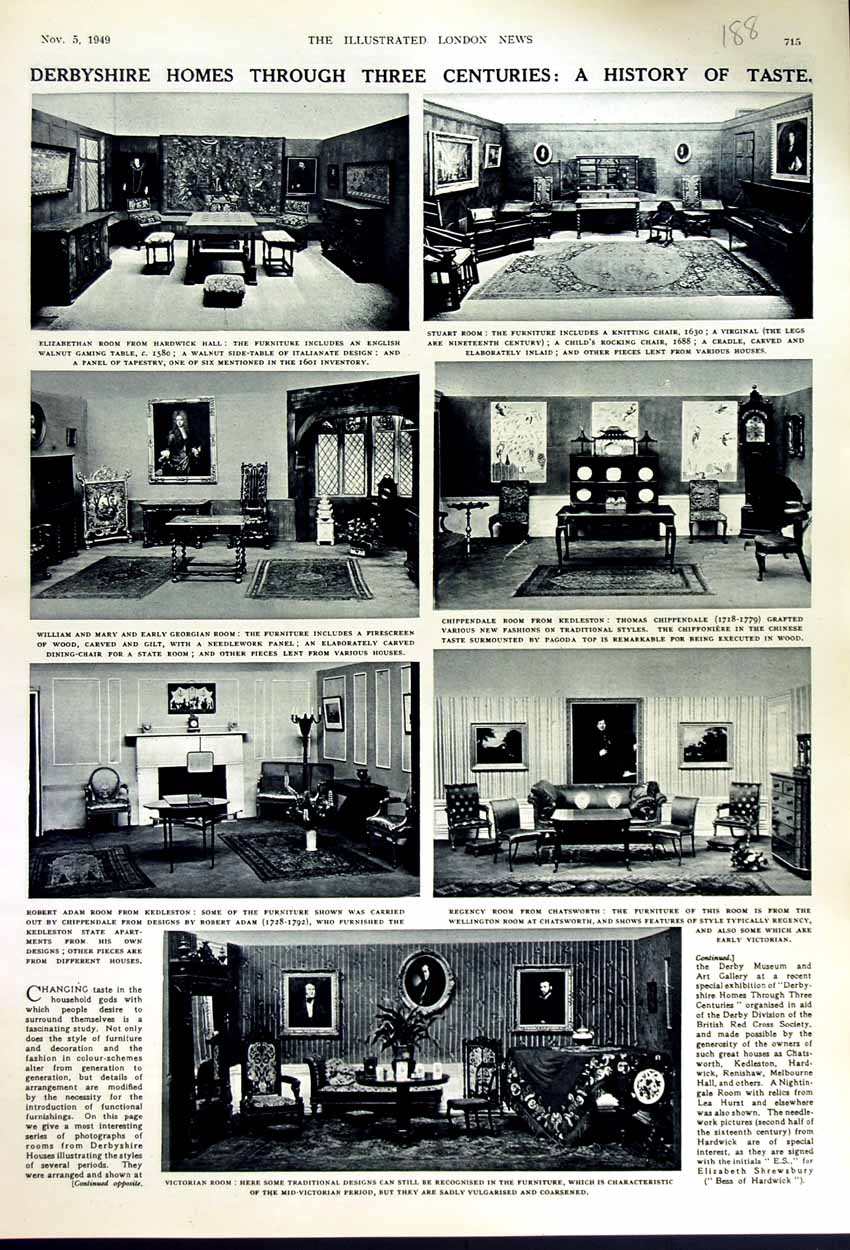 Antique Print 1949 Derbyshire Homes Through Three Centuries History Of Taste