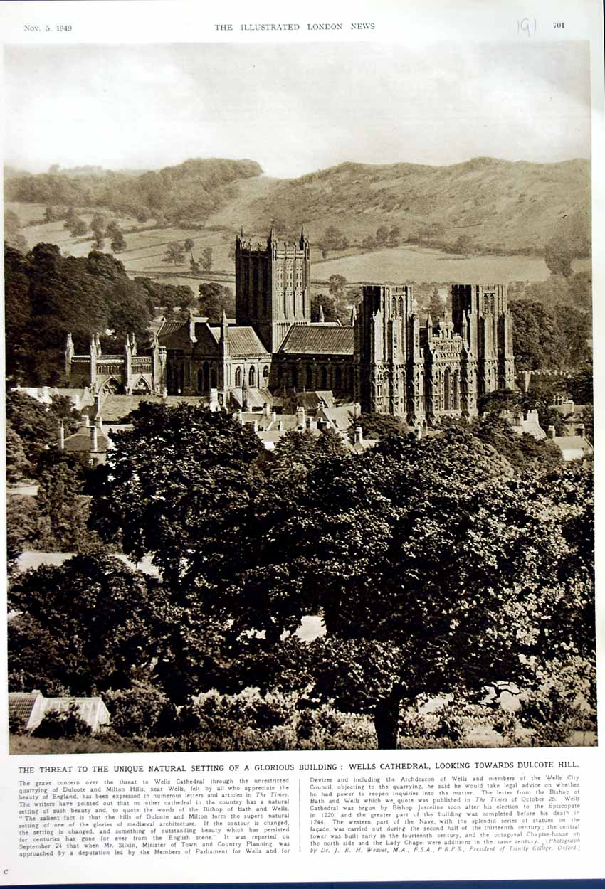 Old Vintage Print 1949 Wells Cathedral Dulcote Hill Building Architecture 20th