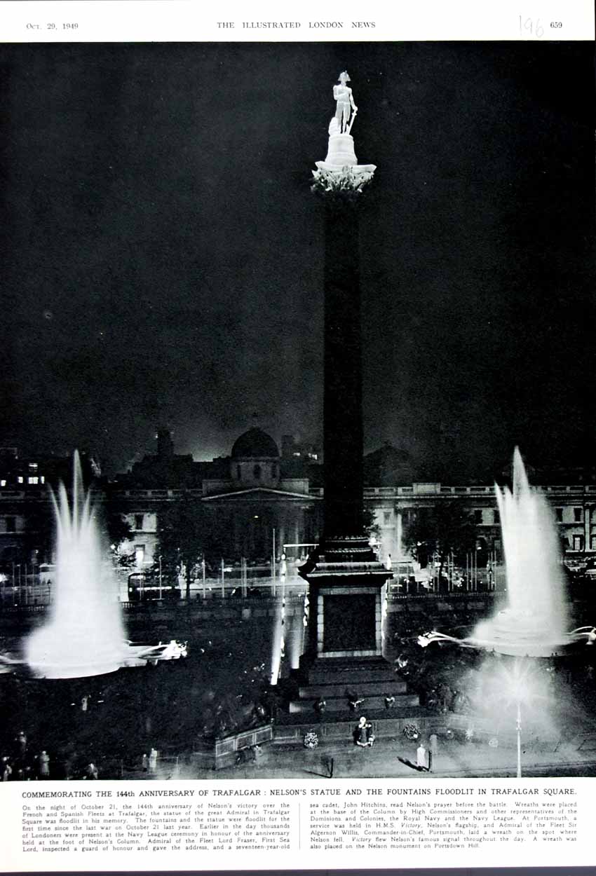 Old Vintage Print 1949 Nelson Statue Fountains Floodlit Trafalgar Square 20th