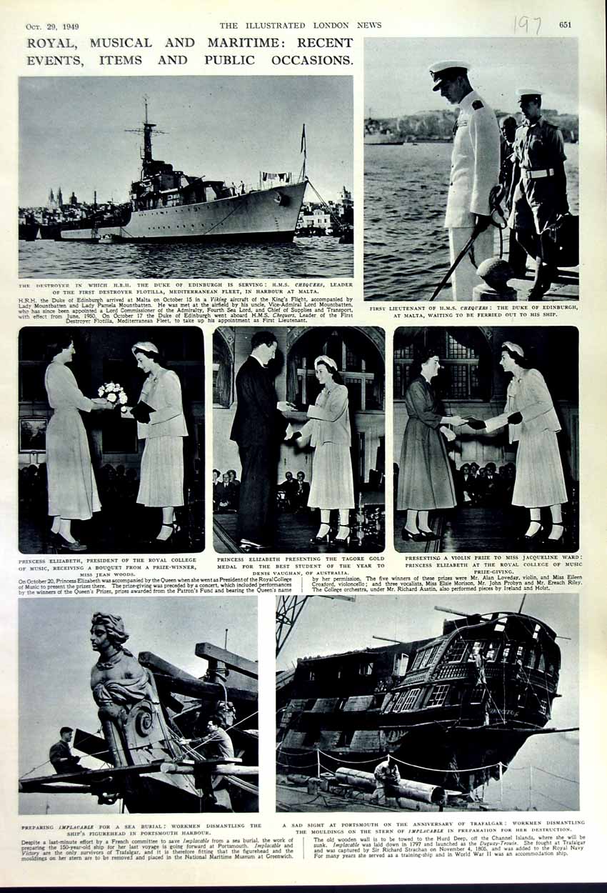 Original Old Vintage Print 1949 Duke Edinburgh Ship Malta Portsmouth Implacable