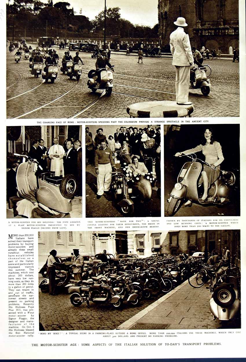 Old Vintage Print 1949 Motor Scooter Rome Italy Pope Transport Machines 20th
